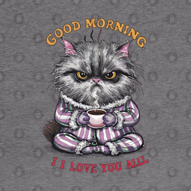 Print design of a cute Persian cat, wearing cozy pajamas and holding a steaming cup of coffee.2 by YolandaRoberts